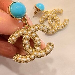 Chanel Gold Earrings with Blue and Pearl Accents
